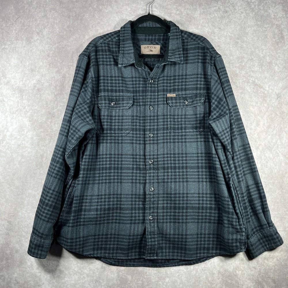 Orvis Shacket Mens 2XL Gray Plaid Flannel Button Long Sleeves Outdoor Lumberjack